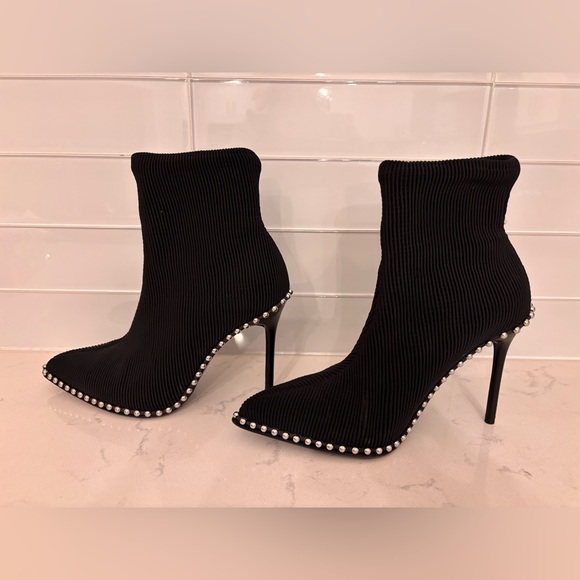 Alexander Wang Black Heeled Stretch Knit Sock Bootie Silver Stud Accents - Picture 2 of 8